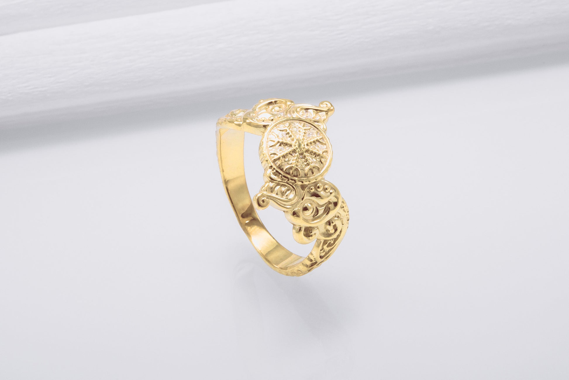 vkngjewelry Ring Handcrafted Ring With Helm Of Awe Symbol And Wolf Ornament Sterling Silver Viking Jewelry
