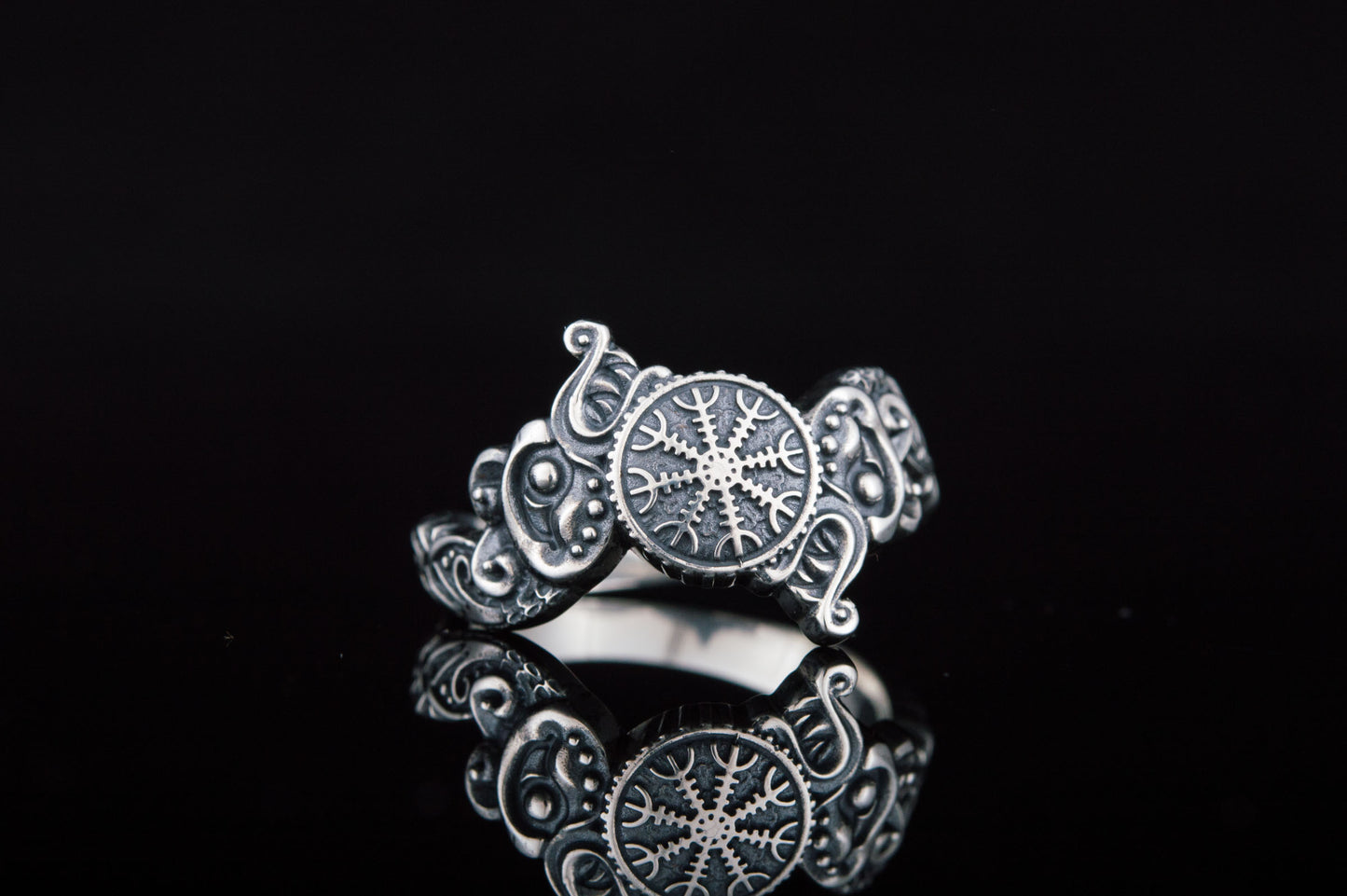 vkngjewelry Ring Handcrafted Ring With Helm Of Awe Symbol And Wolf Ornament Sterling Silver Viking Jewelry