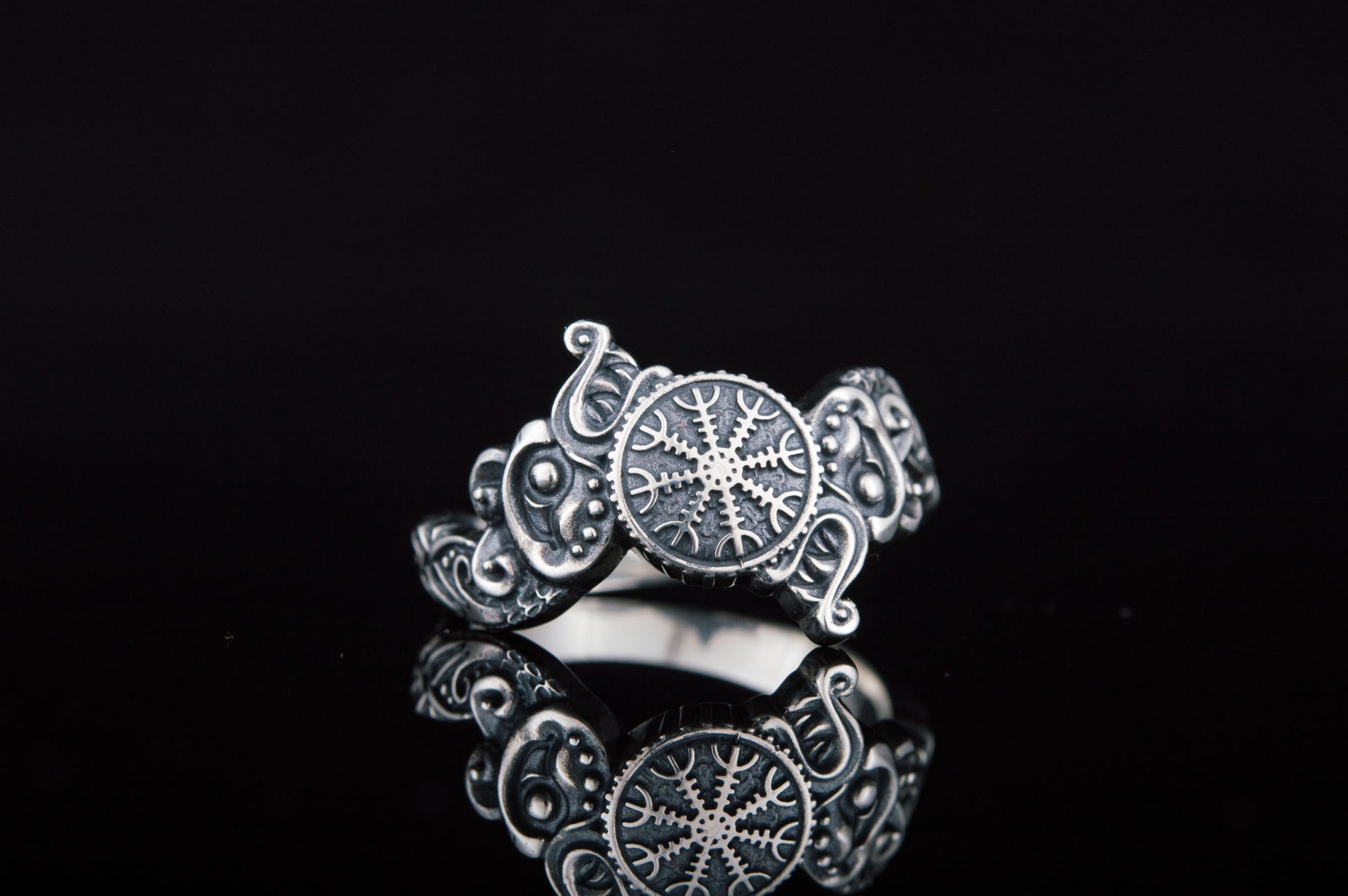 vkngjewelry Ring Handcrafted Ring With Helm Of Awe Symbol And Wolf Ornament Sterling Silver Viking Jewelry