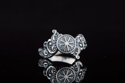 vkngjewelry Ring Handcrafted Ring With Helm Of Awe Symbol And Wolf Ornament Sterling Silver Viking Jewelry