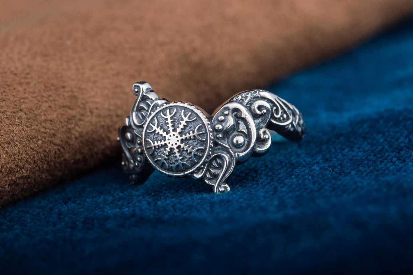 vkngjewelry Ring Handcrafted Ring With Helm Of Awe Symbol And Wolf Ornament Sterling Silver Viking Jewelry