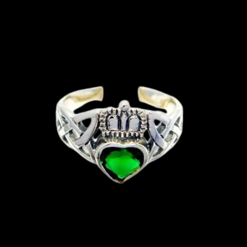 Sterling Silver Celtic Claddagh Ring With Green Zirconia 