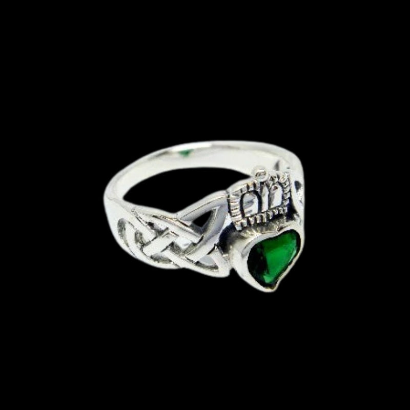 Sterling Silver Celtic Claddagh Ring With Green Zirconia 