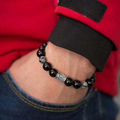 Viking Bracelet in Black Agate and Grey Obsidian with Rune Bead