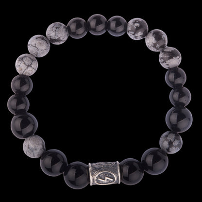 Viking Bracelet in Black Agate and Grey Obsidian with Rune Bead