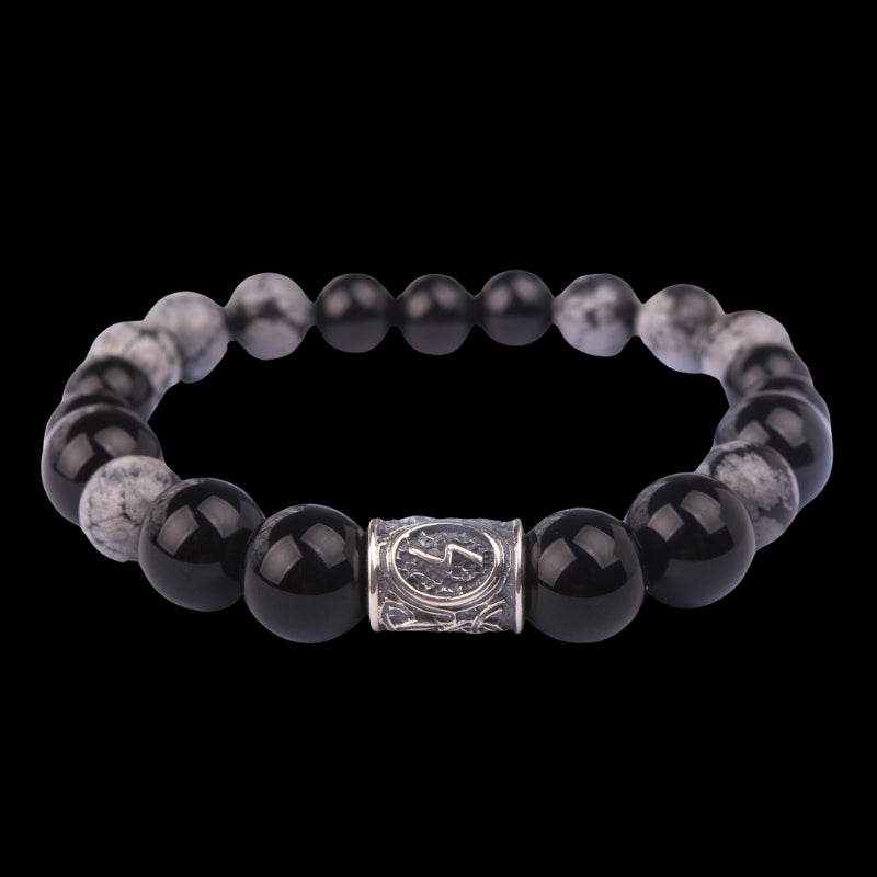 Viking Bracelet in Black Agate and Grey Obsidian with Rune Bead