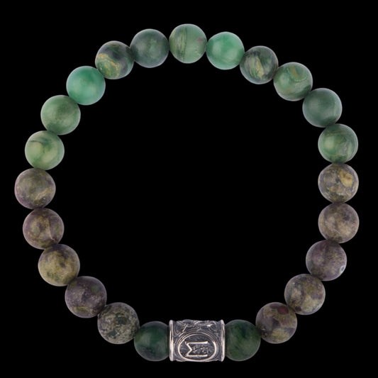 Viking Bracelet Gn Green Jasper And Nephrite With Rune Bead
