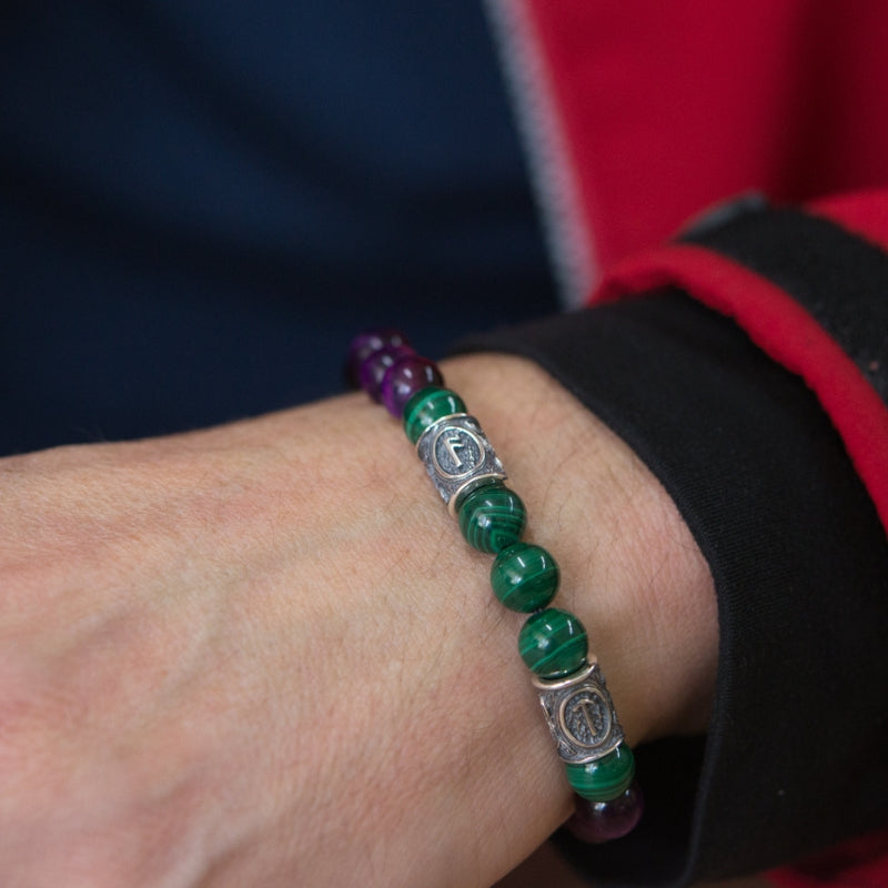 Viking Bracelet In Malachite And Purple Cat’s Eye with Double Rune Beads