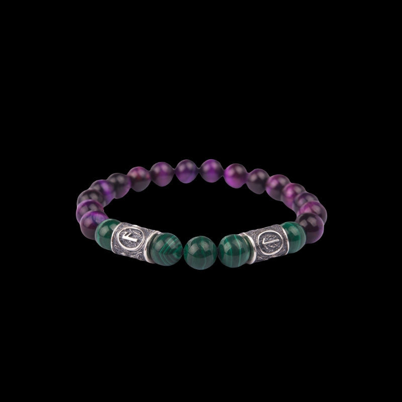 Viking Bracelet In Malachite And Purple Cat’s Eye with Double Rune Beads