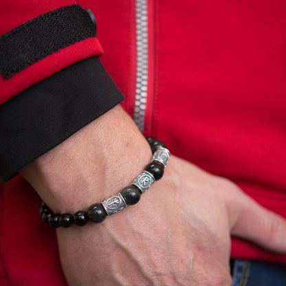 "Viking Bracelet with Black Obsidian and Agate, Engraved with Ancient Runes"

