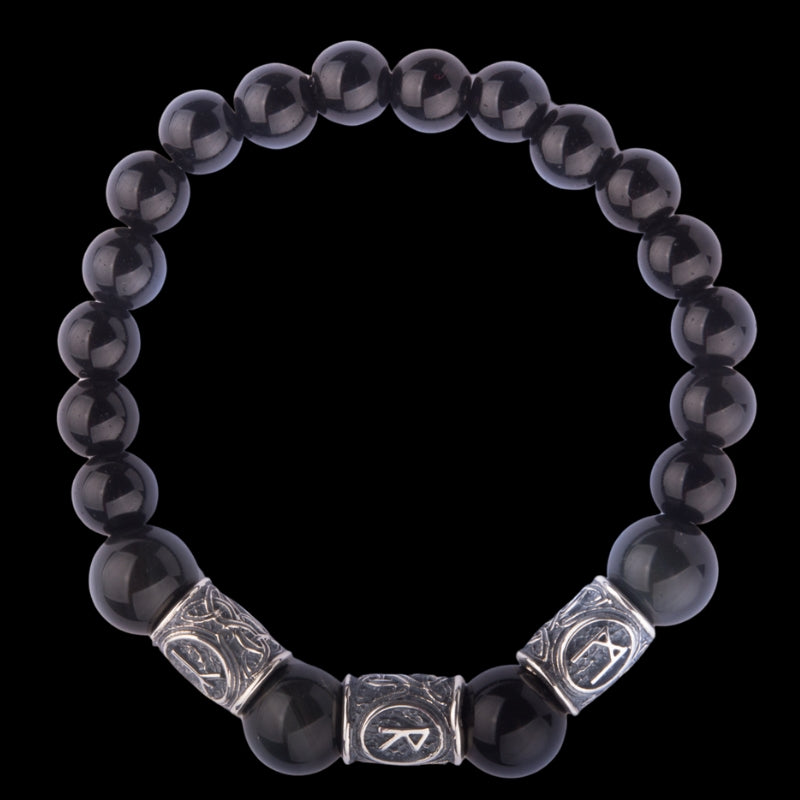 "Viking Bracelet with Black Obsidian and Agate, Engraved with Ancient Runes"

