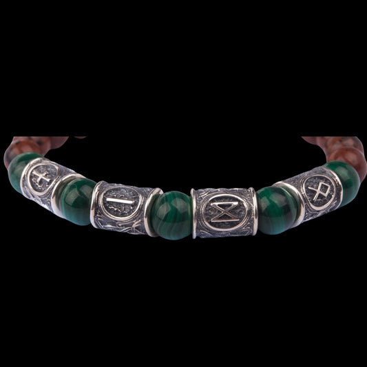 Viking Bracelet with Malachite and Red Obsidian, Engraved Runes of Odin