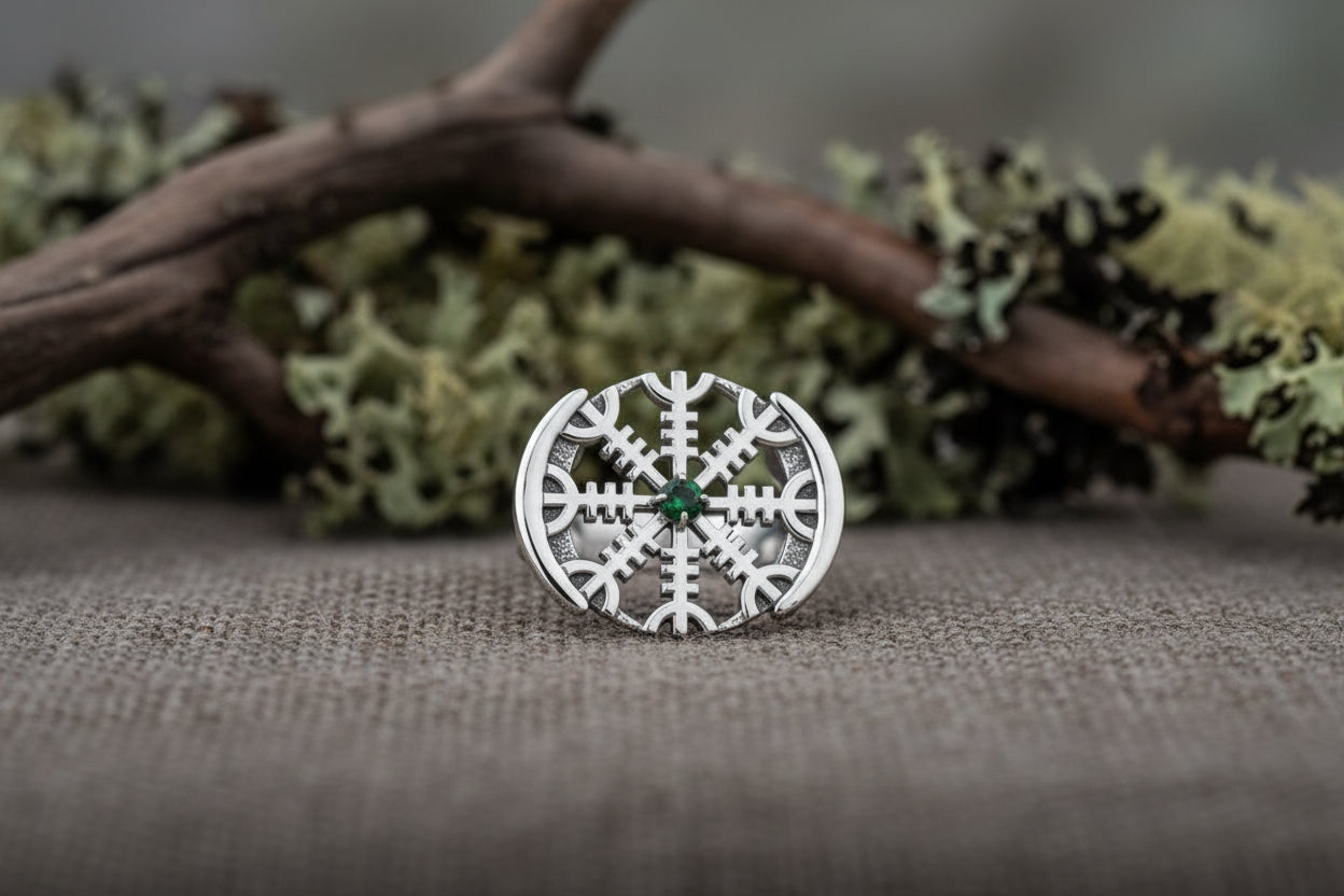 vkngjewelry Ring Aegishjalmur Silver Ring with Green CZ