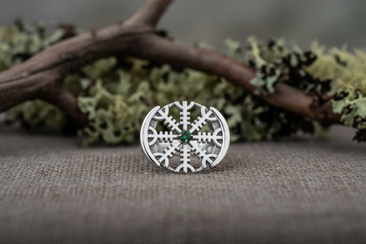 vkngjewelry Ring Aegishjalmur Silver Ring with Green CZ