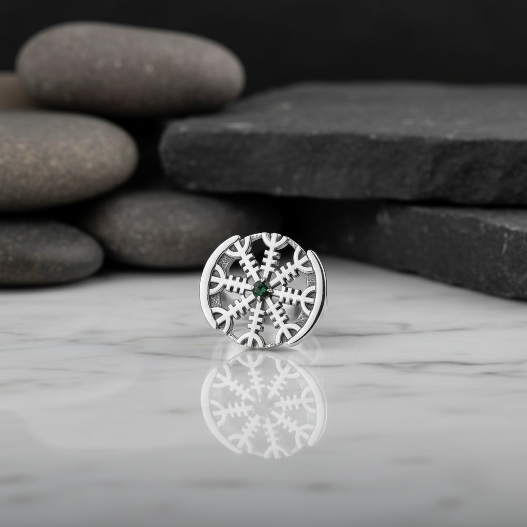 vkngjewelry Ring Aegishjalmur Silver Ring with Green CZ