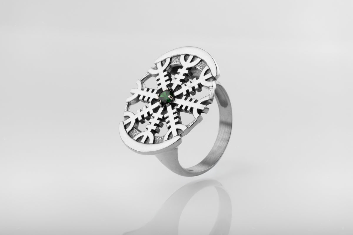 vkngjewelry Ring Aegishjalmur Silver Ring with Green CZ