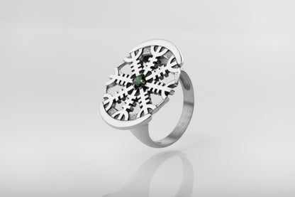 vkngjewelry Ring Aegishjalmur Silver Ring with Green CZ