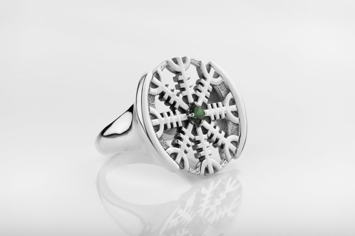 vkngjewelry Ring Aegishjalmur Silver Ring with Green CZ