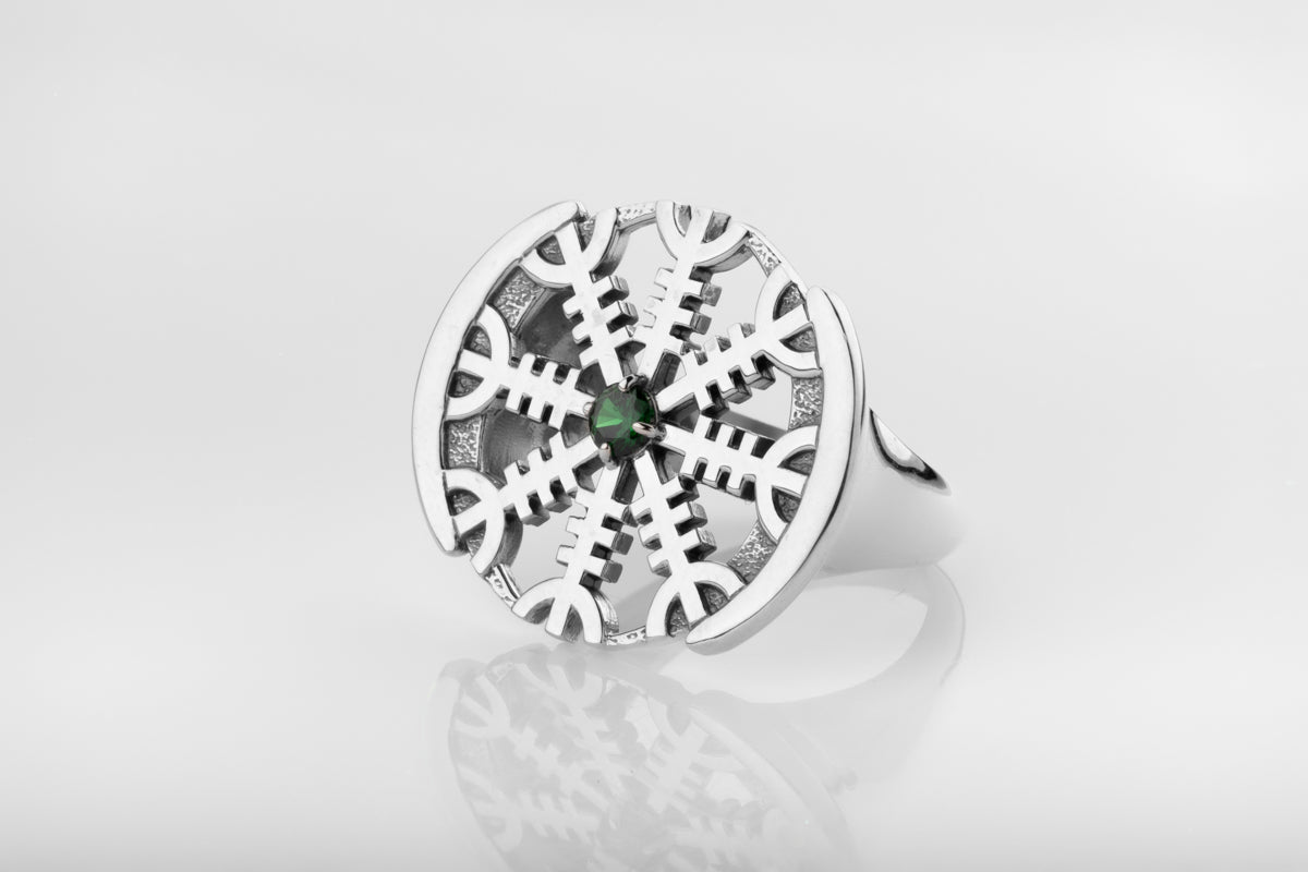 vkngjewelry Ring Aegishjalmur Silver Ring with Green CZ