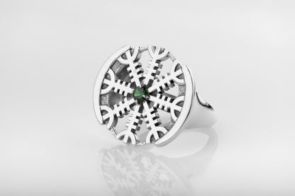 vkngjewelry Ring Aegishjalmur Silver Ring with Green CZ