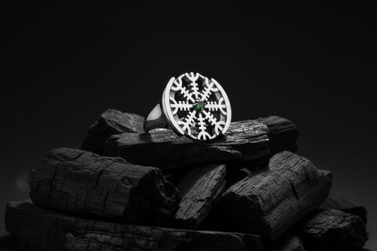 vkngjewelry Ring Aegishjalmur Silver Ring with Green CZ