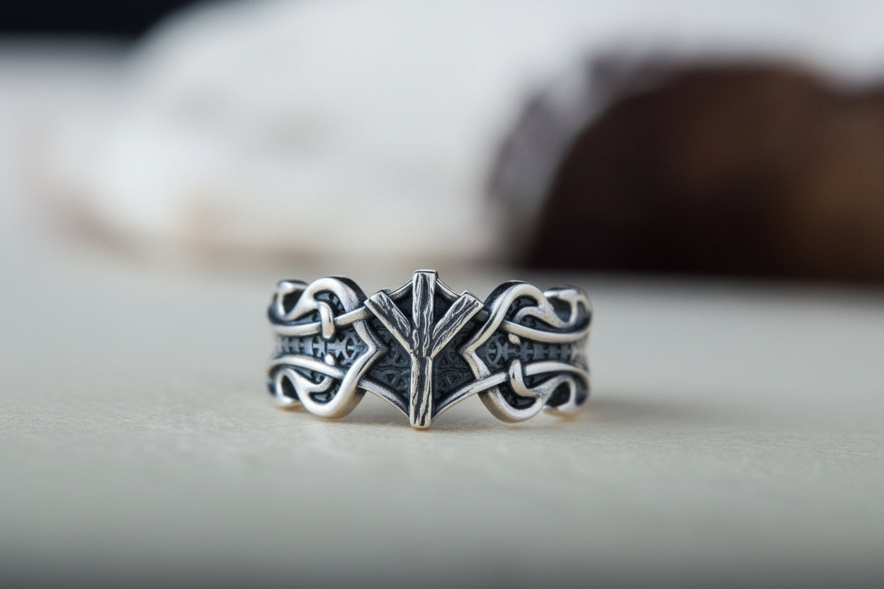 vkngjewelry Ring Handcrafted Algiz Rune Norse Ornament Sterling Silver Ring