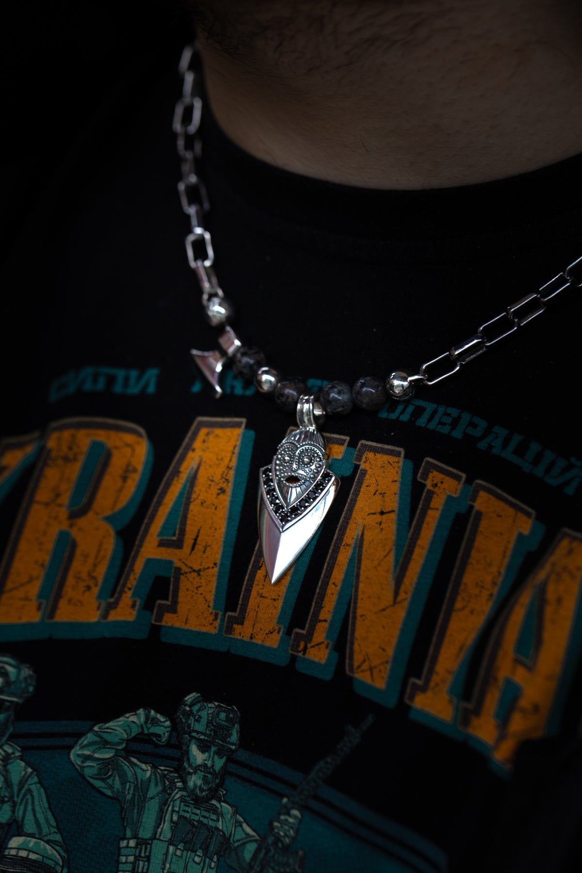 vkngjewelry Pendant Handcrafted Aska Face Silver Pendant with Thor’s Hammer & Gungnir