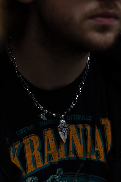 vkngjewelry Pendant Handcrafted Aska Face Silver Pendant with Thor’s Hammer & Gungnir