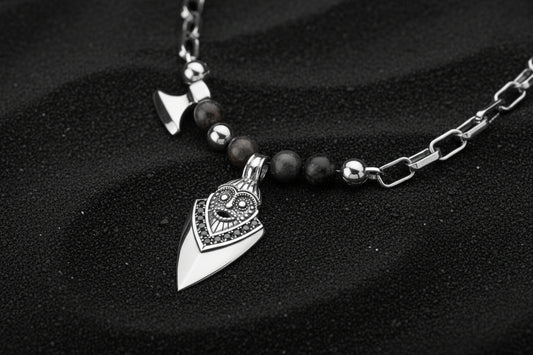 vkngjewelry Pendant Handcrafted Aska Face Silver Pendant with Thor’s Hammer & Gungnir