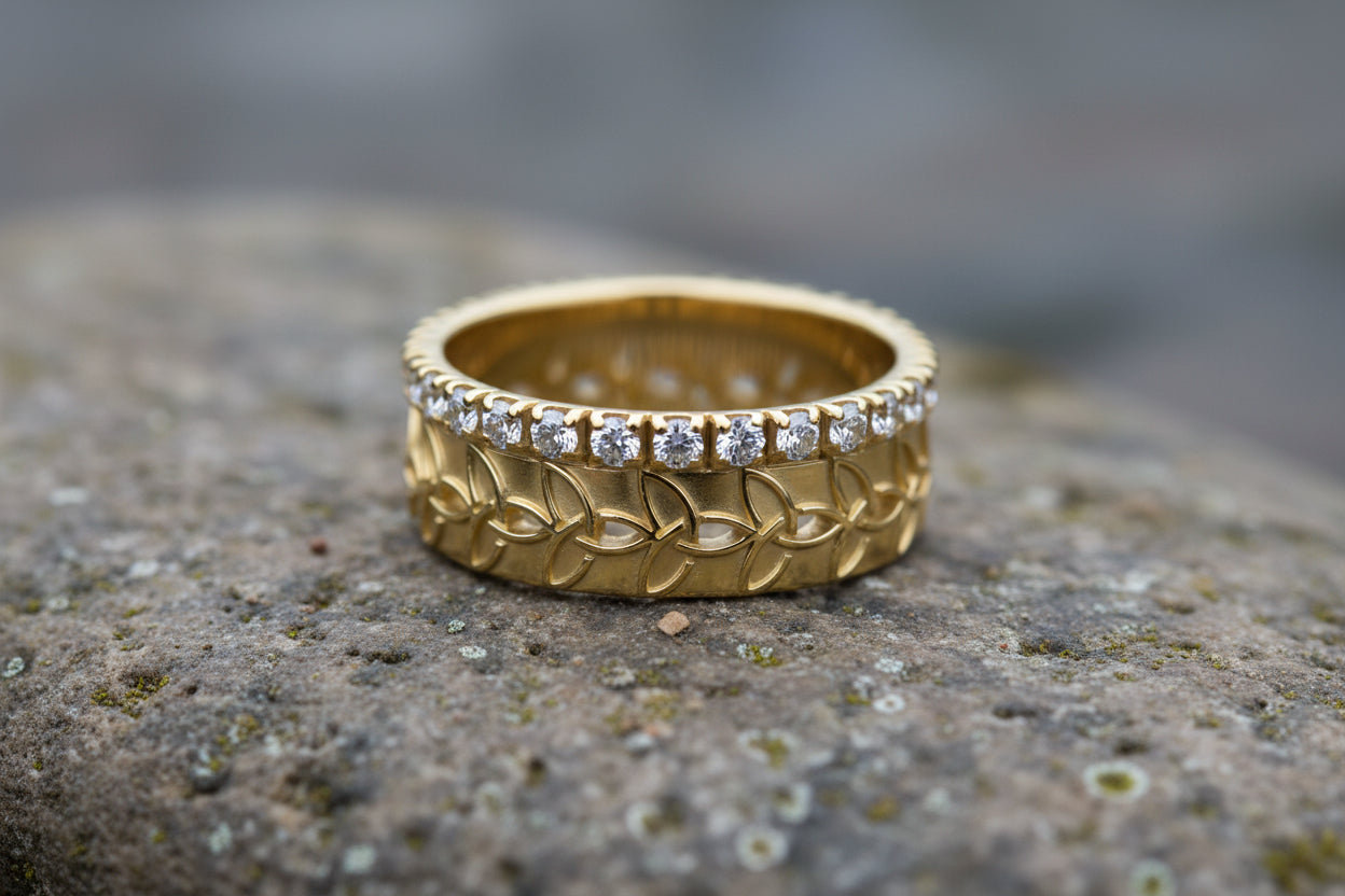 vkngjewelry Ring Braided Gold Wedding Ring with Diamonds, Handcrafted Norse Jewelry