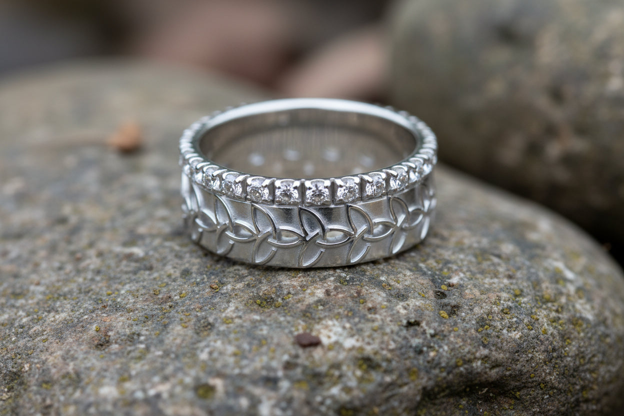 vkngjewelry Ring Braided Gold Wedding Ring with Diamonds, Handcrafted Norse Jewelry