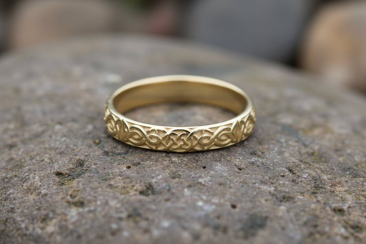 vkngjewelry Ring Celtic Knot Gold Band, Handcrafted Norse Wedding Jewelry