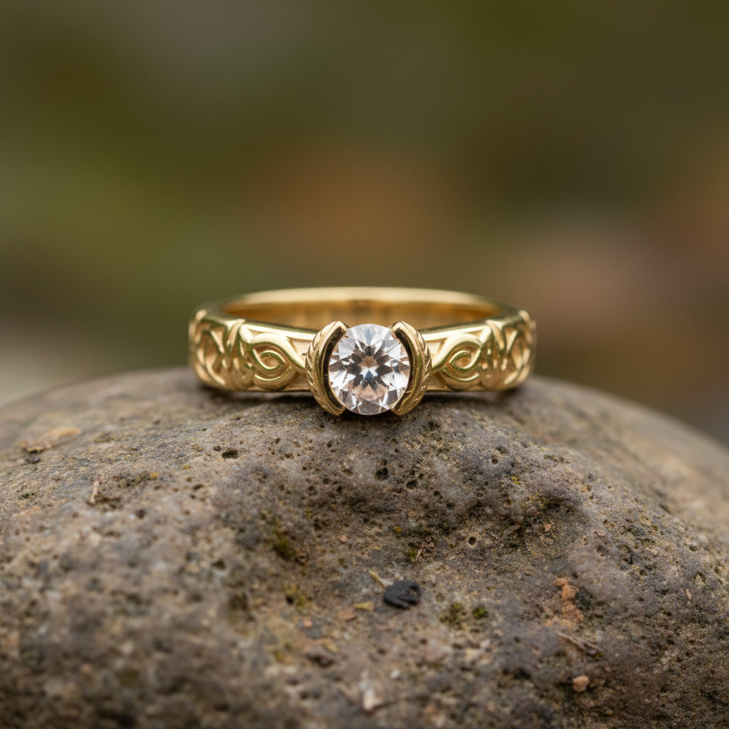 vkngjewelry Ring Celtic Knot Wedding Ring with Misty Rose Topaz, Gold Norse Jewelry