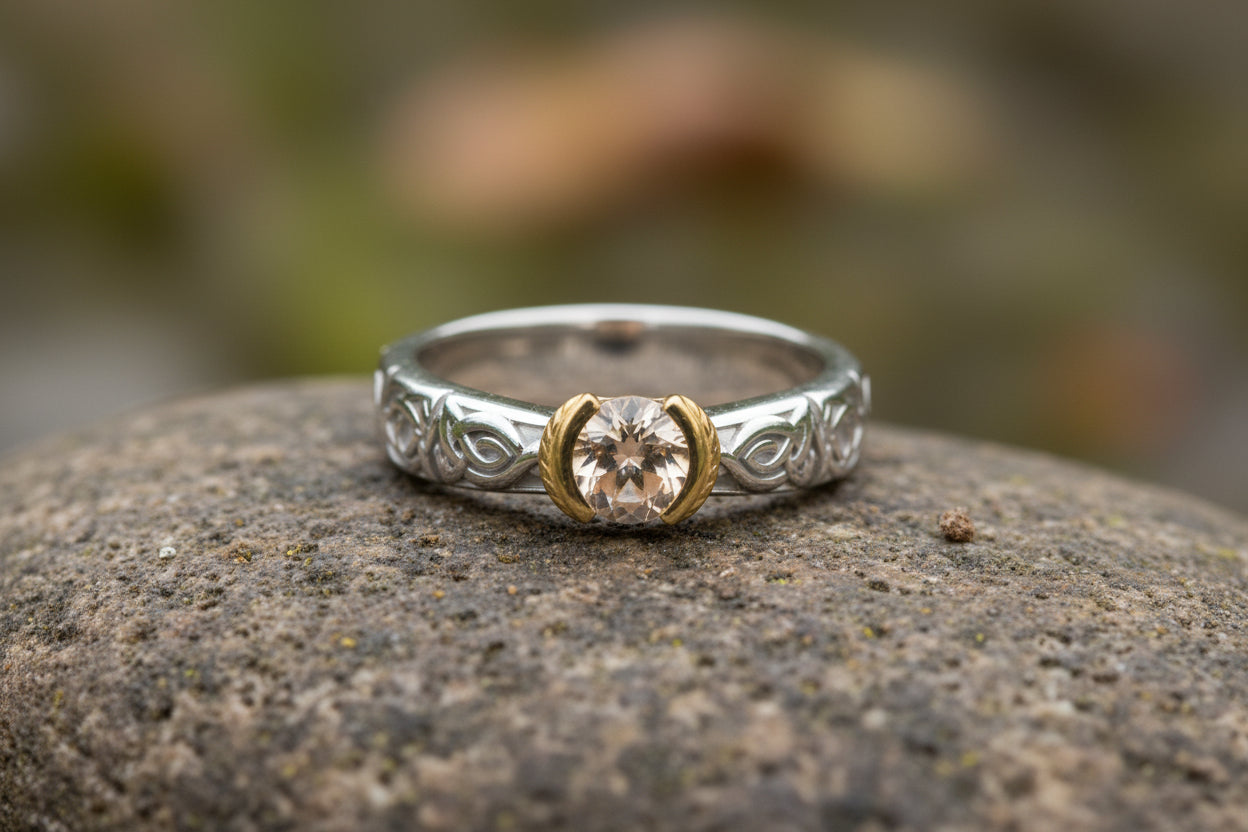 vkngjewelry Ring Celtic Knot Wedding Ring with Misty Rose Topaz, Gold Norse Jewelry