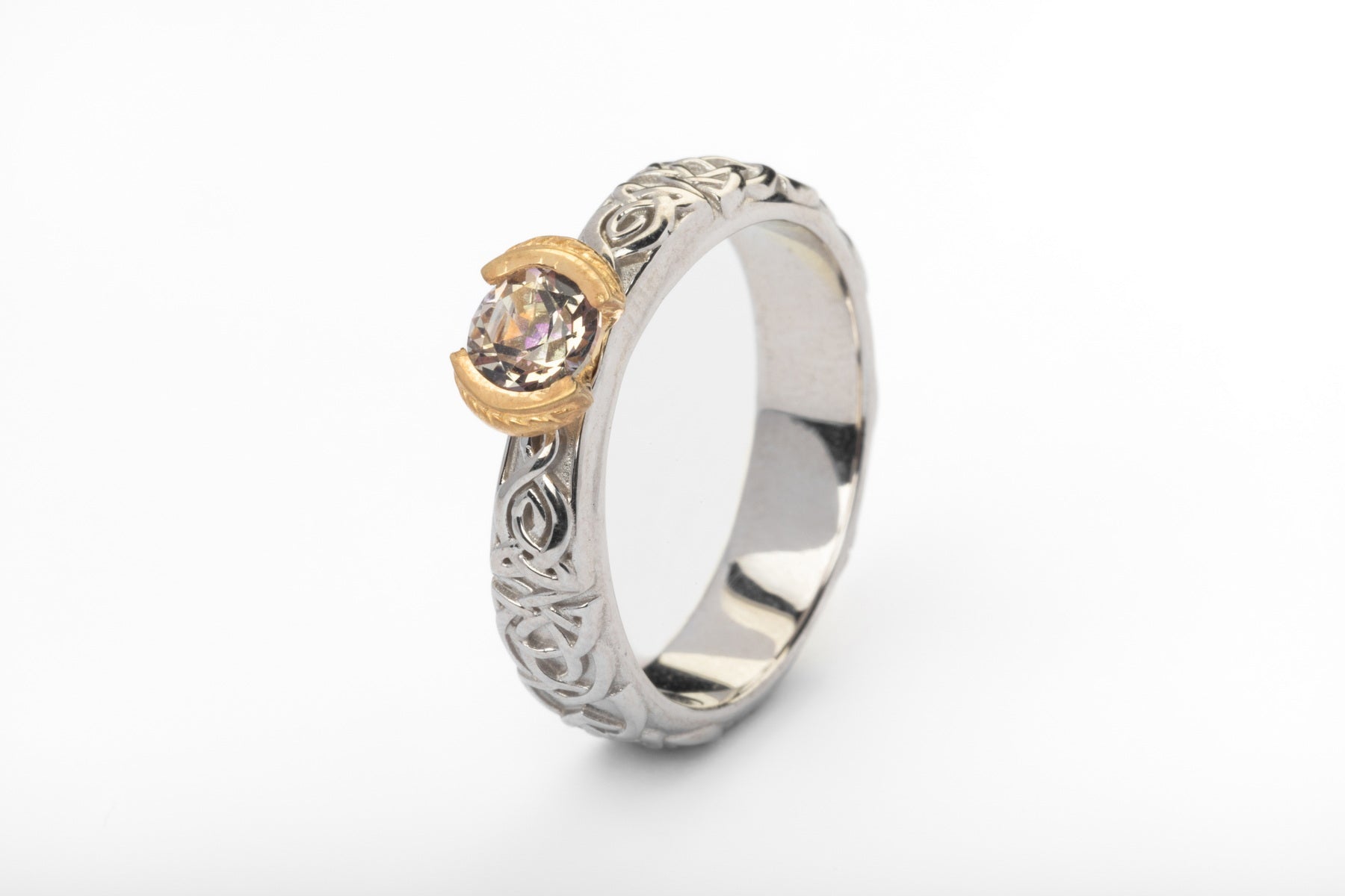 vkngjewelry Ring Celtic Knot Wedding Ring with Misty Rose Topaz, Gold Norse Jewelry