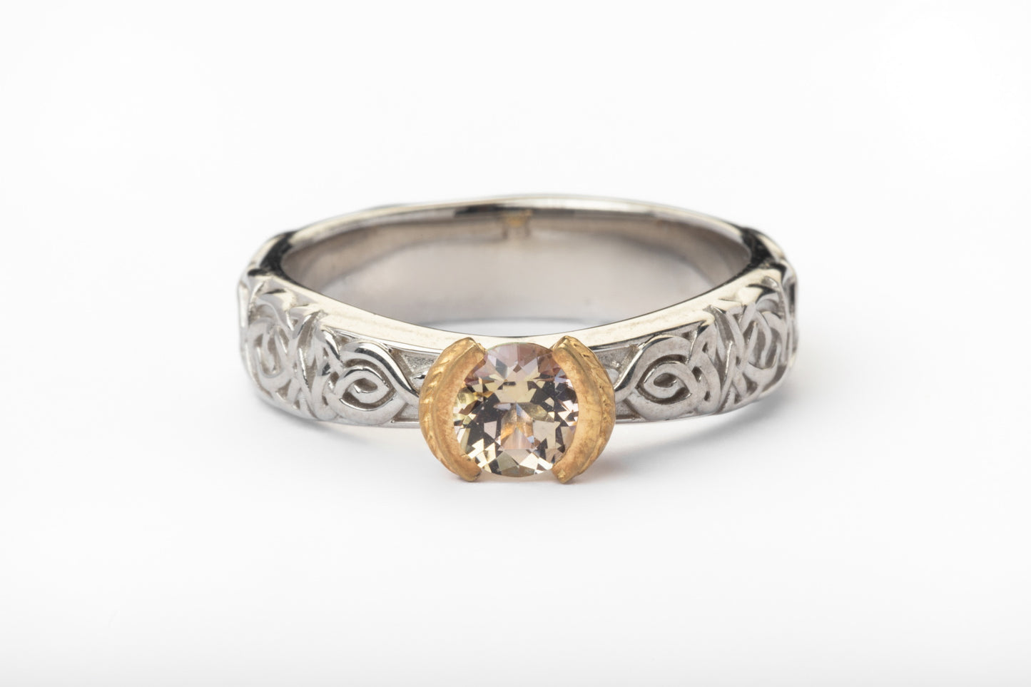 vkngjewelry Ring Celtic Knot Wedding Ring with Misty Rose Topaz, Gold Norse Jewelry