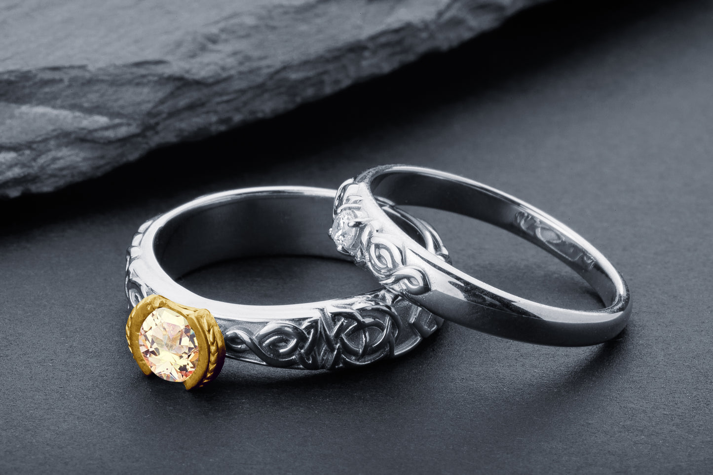 vkngjewelry Ring Celtic Knot Wedding Ring with Misty Rose Topaz, Gold Norse Jewelry