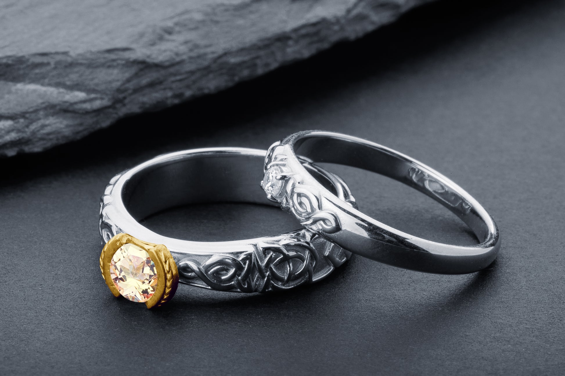 vkngjewelry Ring Celtic Knot Wedding Ring with Misty Rose Topaz, Gold Norse Jewelry