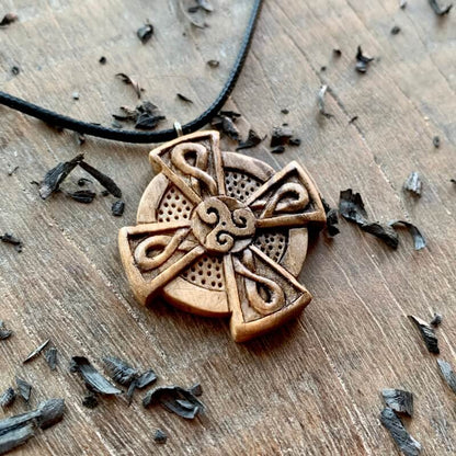 vkngjewelry Pendant Unique Walnut Wood Celtic Knots Cross Triskelion Pendant Style 2