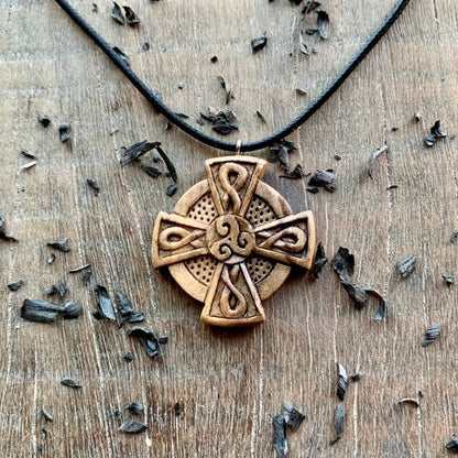 vkngjewelry Pendant Unique Walnut Wood Celtic Knots Cross Triskelion Pendant Style 2