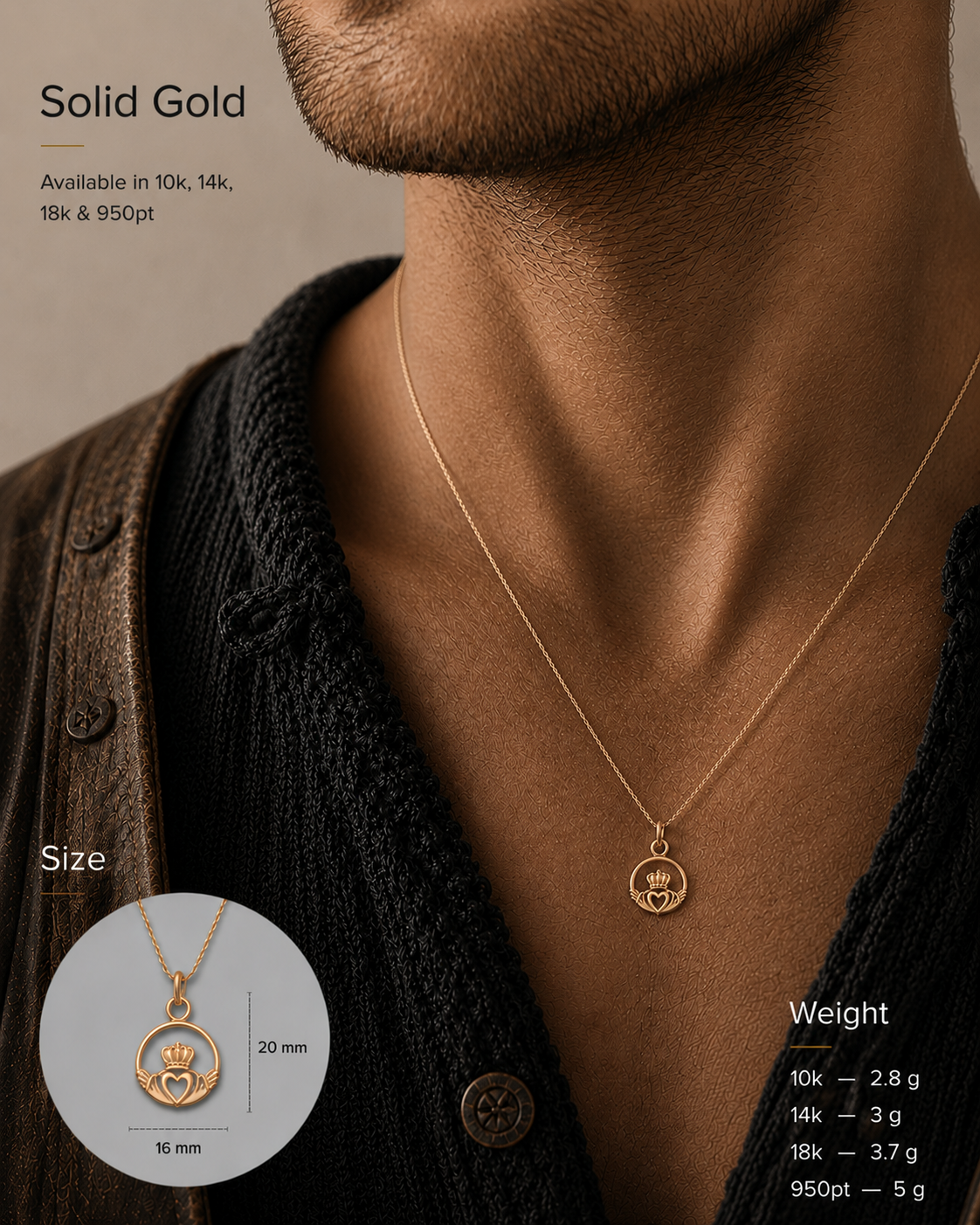 vkngjewelry Pendant Claddagh Celtic Pendant - Symbol of Love, Loyalty & Friendship