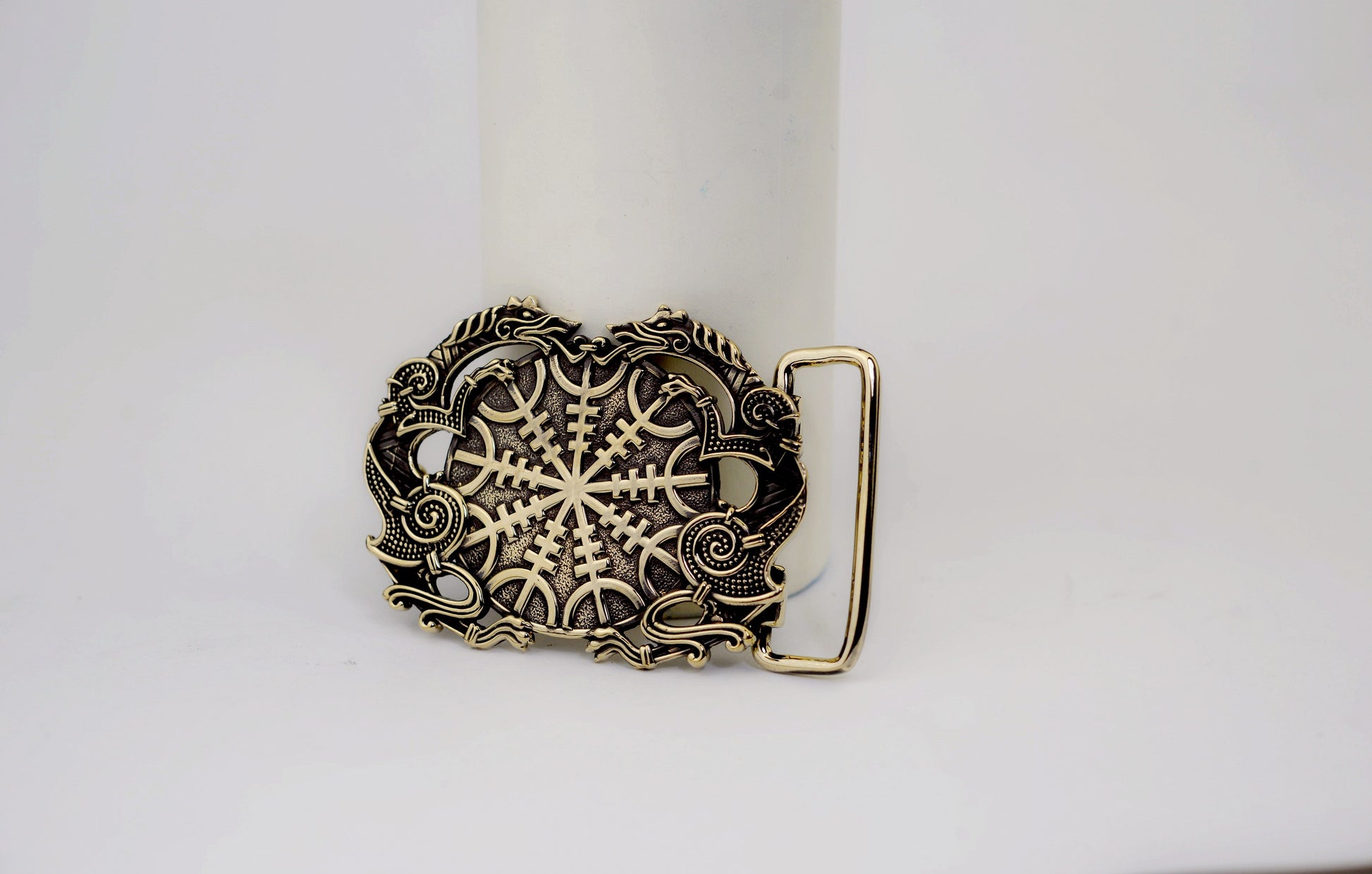 vkngjewelry Belt Double-Sided Solid Brass Viking Helm of Awe Belt Buckle