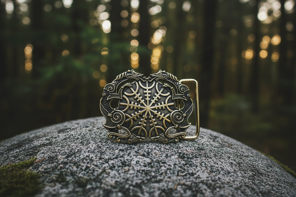 vkngjewelry Belt Double-Sided Solid Brass Viking Helm of Awe Belt Buckle