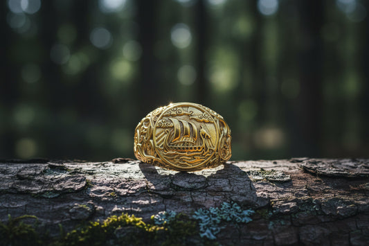 vkngjewelry Ring Handcrafted Drakkar Symbol Ring with Urnes Style Gold  Ring