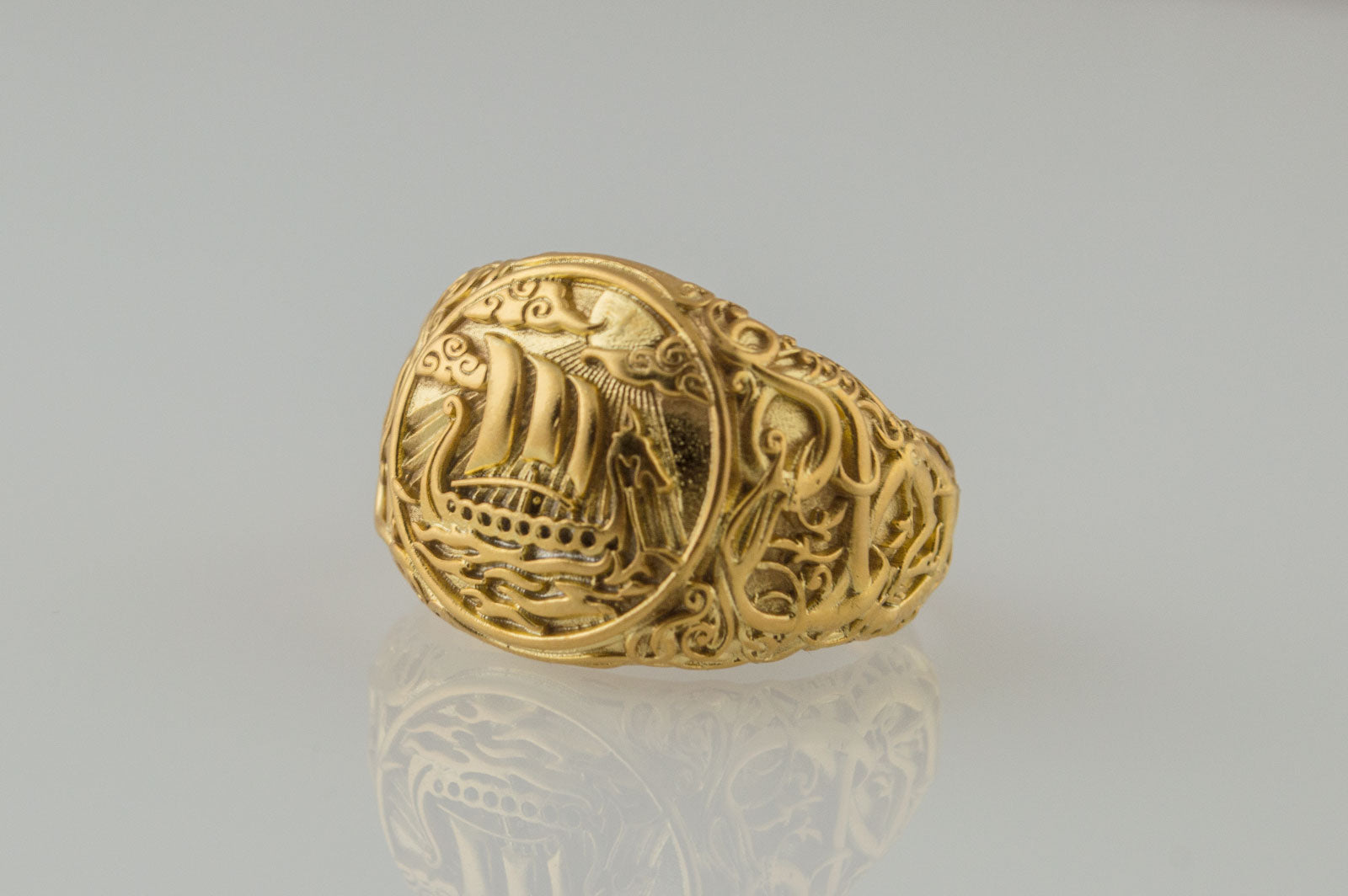 vkngjewelry Ring Handcrafted Drakkar Symbol Ring with Urnes Style Gold  Ring