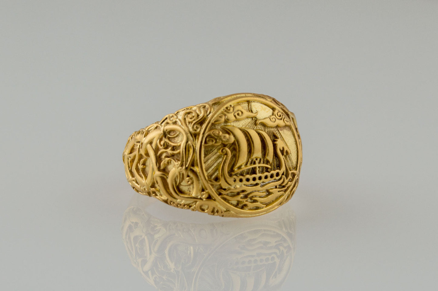 vkngjewelry Ring Handcrafted Drakkar Symbol Ring with Urnes Style Gold  Ring