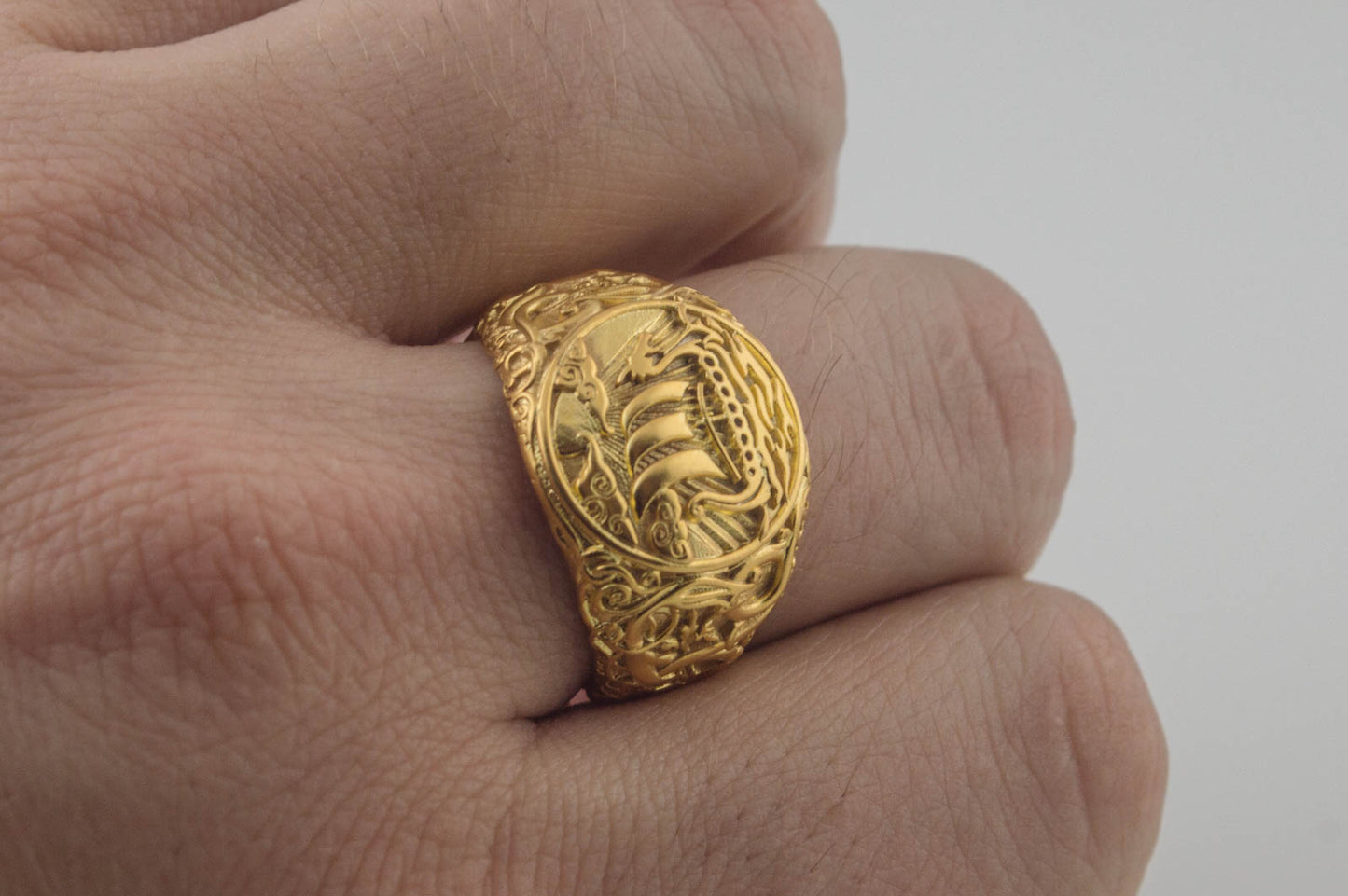 vkngjewelry Ring Handcrafted Drakkar Symbol Ring with Urnes Style Gold  Ring