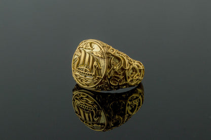 vkngjewelry Ring Handcrafted Drakkar Symbol Ring with Urnes Style Gold  Ring