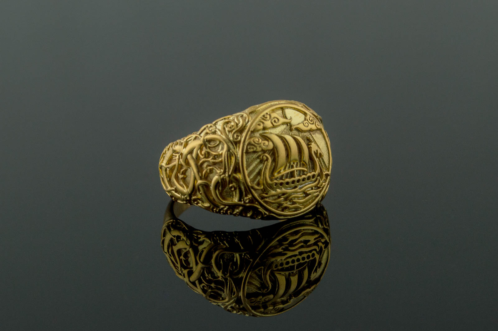 vkngjewelry Ring Handcrafted Drakkar Symbol Ring with Urnes Style Gold  Ring