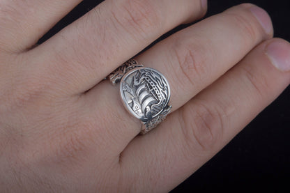 vkngjewelry Ring Handcrafted  Drakkar Symbol with Wolf Ornament Sterling Silver Ring